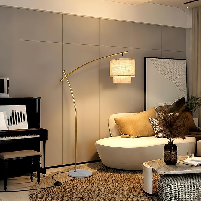 Lightdot Arc Floor Lamp for Living Room, Modern Standing Tall Lamps with Double Linen Lampshade, Tall Hanging Pole Lamp with Stable Metal Base & Foot Switch for Bedroom Home Office-Gold