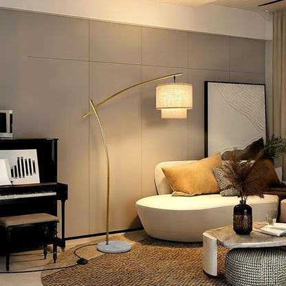 Lightdot Arc Floor Lamp for Living Room, Modern Standing Tall Lamps with Double Linen Lampshade, Tall Hanging Pole Lamp with Stable Metal Base & Foot Switch for Bedroom Home Office-Gold