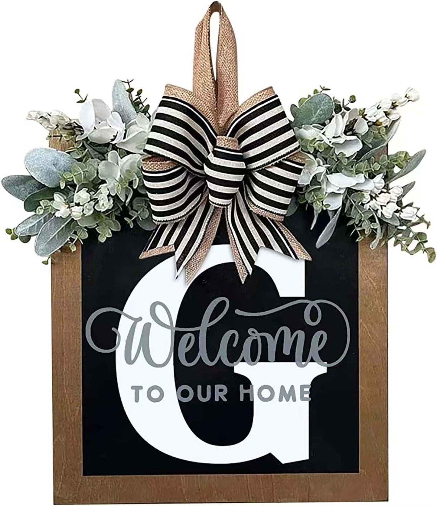Last Name All Year Round Front Door Wreath with 26 Initial Letter Welcome Sign All Seasons Eucalyptus Garland and Bow ，Farmhouse, Porch, for Spring Summer Fall All Seasons Holiday Halloween Christmas.（G）