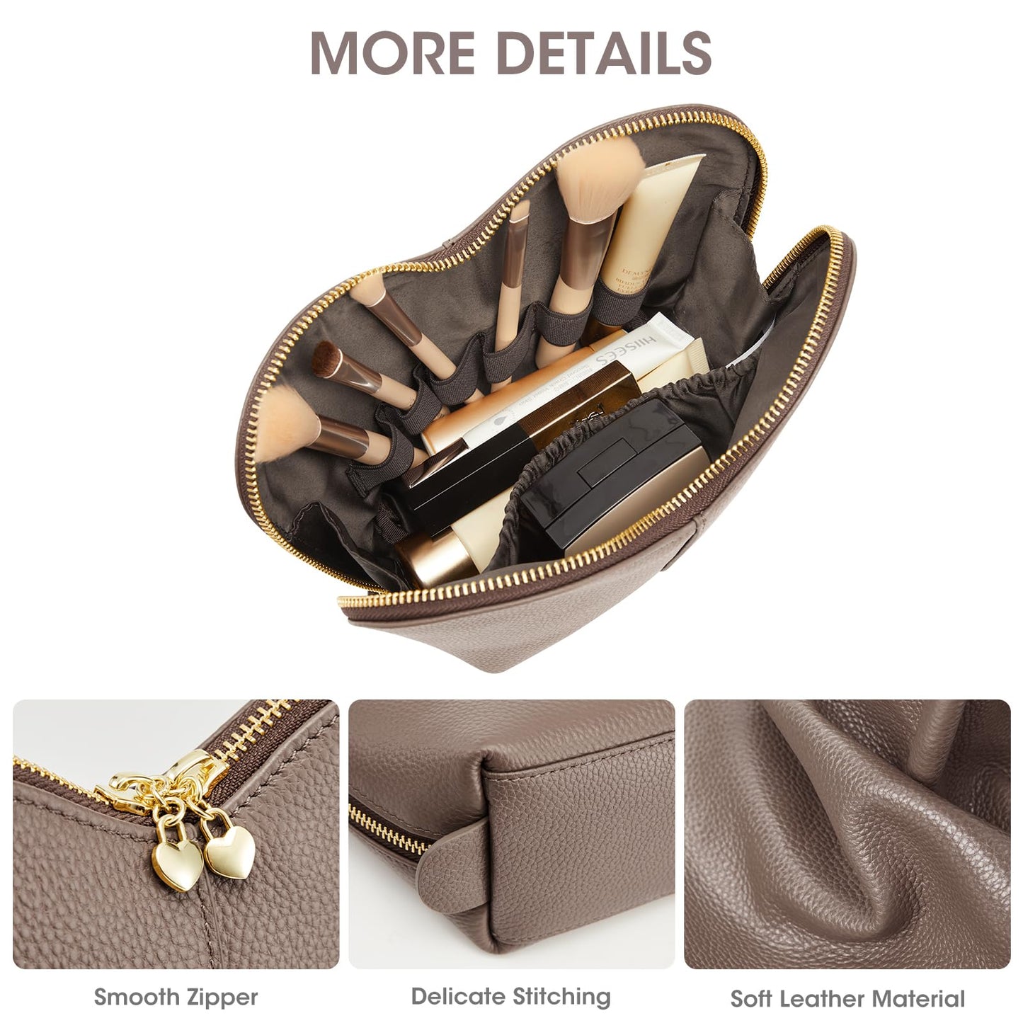 Kattee Leather Makeup Bag, Travel Large capacity Comestic Bag for Women, Heart Shaped Portable Organizer Toiletry Bag for Working,Khaki