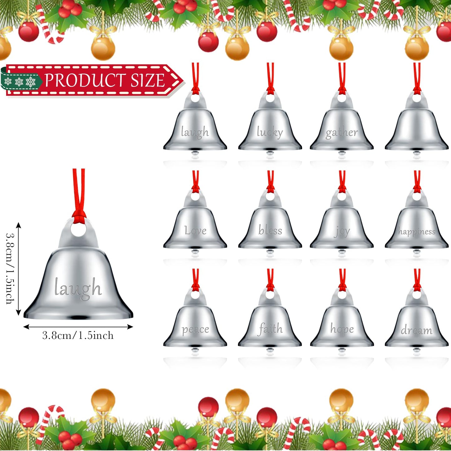 Sratte 24 Pack 1.5 Inch Christmas Bells Ornament Xmas Believe Jingle Decoration Silver Santa Sleigh Bell Christmas Printed Bell with Red Ribbon for Xmas Tree Home Decoration(Trumpet)