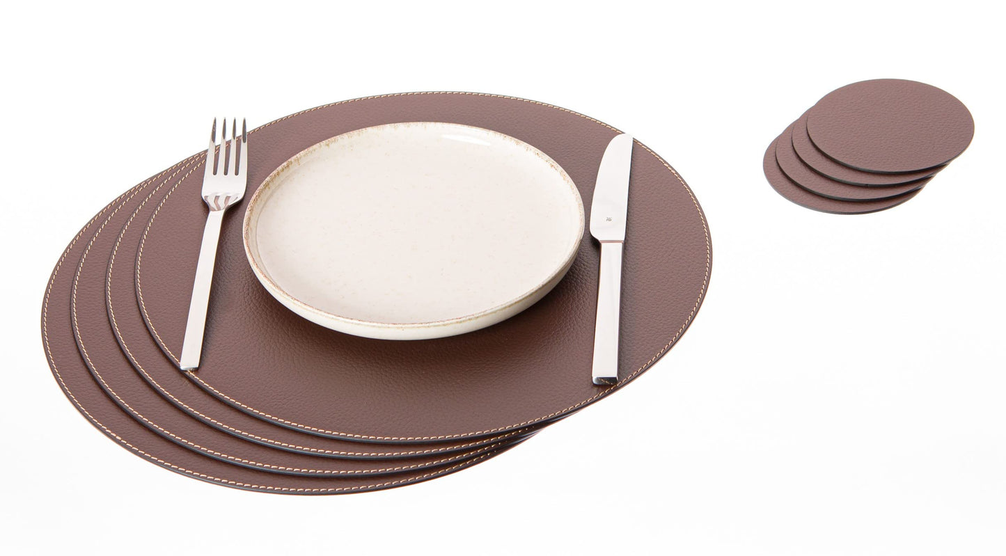 Nikalaz Set of Small Round Brown Placemats and Coasters, 4 Table Mats and 4 Coasters, Place mats 12.99 inches, Recycled Leather (Brown)