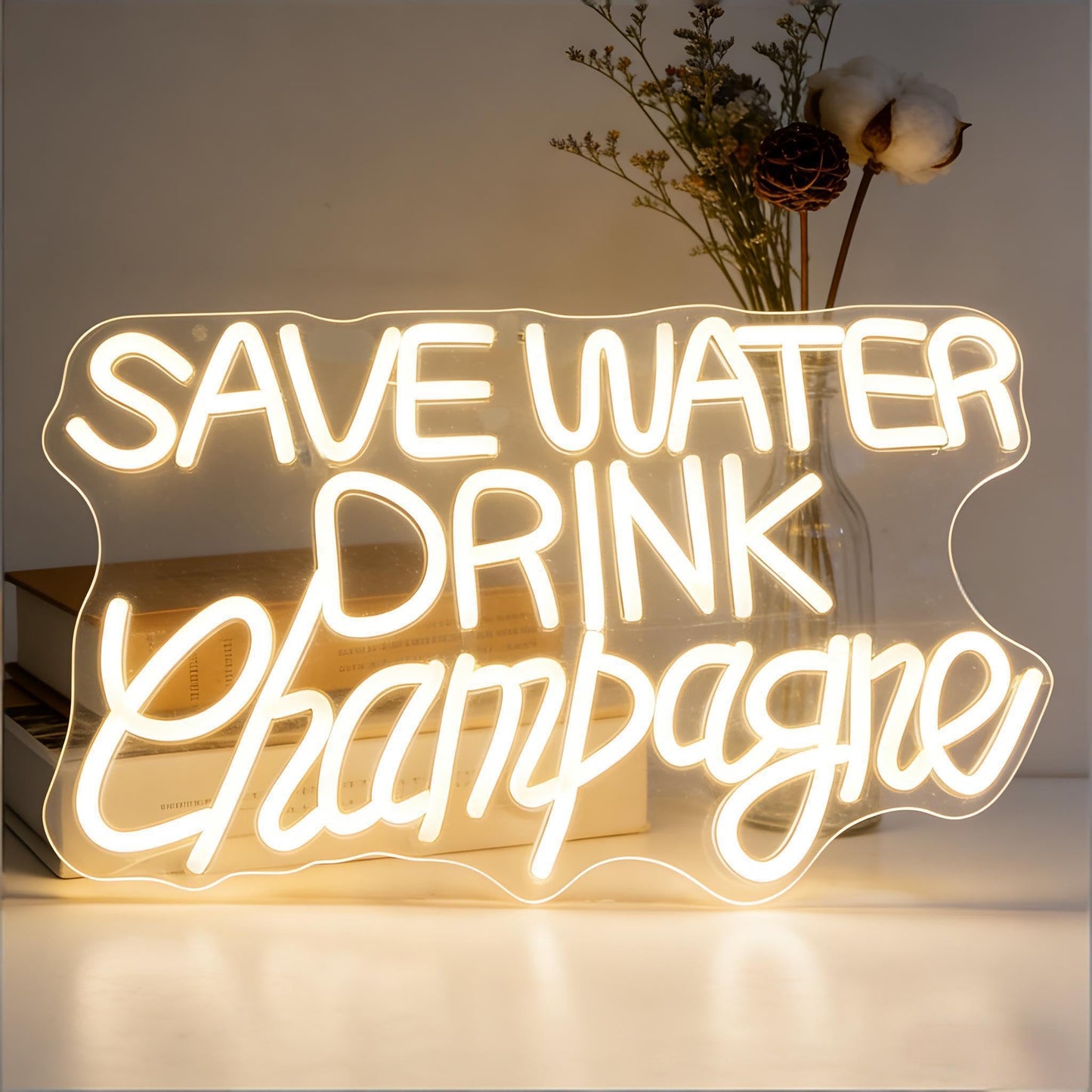 Save Water Drink Champagne Neon Sign, Champagne Theme Light Up Sign, Bar Party Restaurant Living Room Wall Table Decor, USB Powered Dimmable Led Decorative Neon Light 16.7 x 9.4 In