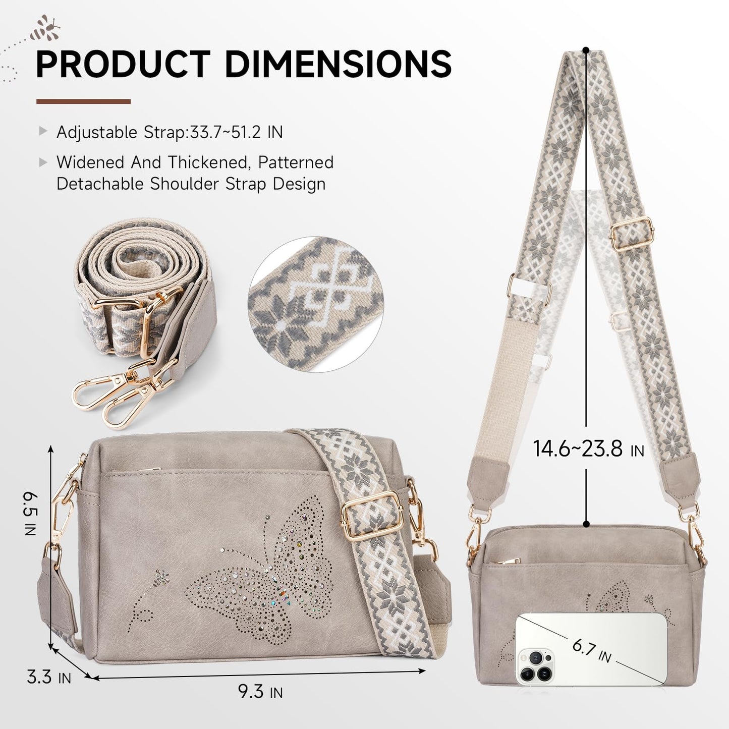 KITEVIUN Crossbody Bags for Women, Vegan Leather Phone Purse Triple Zip Butterfly Women’s Shoulder Handbags with Wide Strap Gray