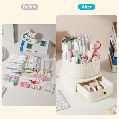 Lolocor 360 Degree Rotatable Pen Holder with Drawer, 5 Slots Office Desk Organizer Pen Holder for Desk Multi-Functional Pencil Box Desktop Stationary Organizer for Office School Home Beige