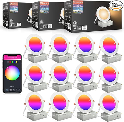 Lumary 4 Inch Ultra-Thin Smart Recessed Lighting, 9W 780LM RGBWW Smart Wafer Lights with Junction Box, Compatible with Alexa/Google Assistant/BT Remote, ETL Listed, 12 Pack