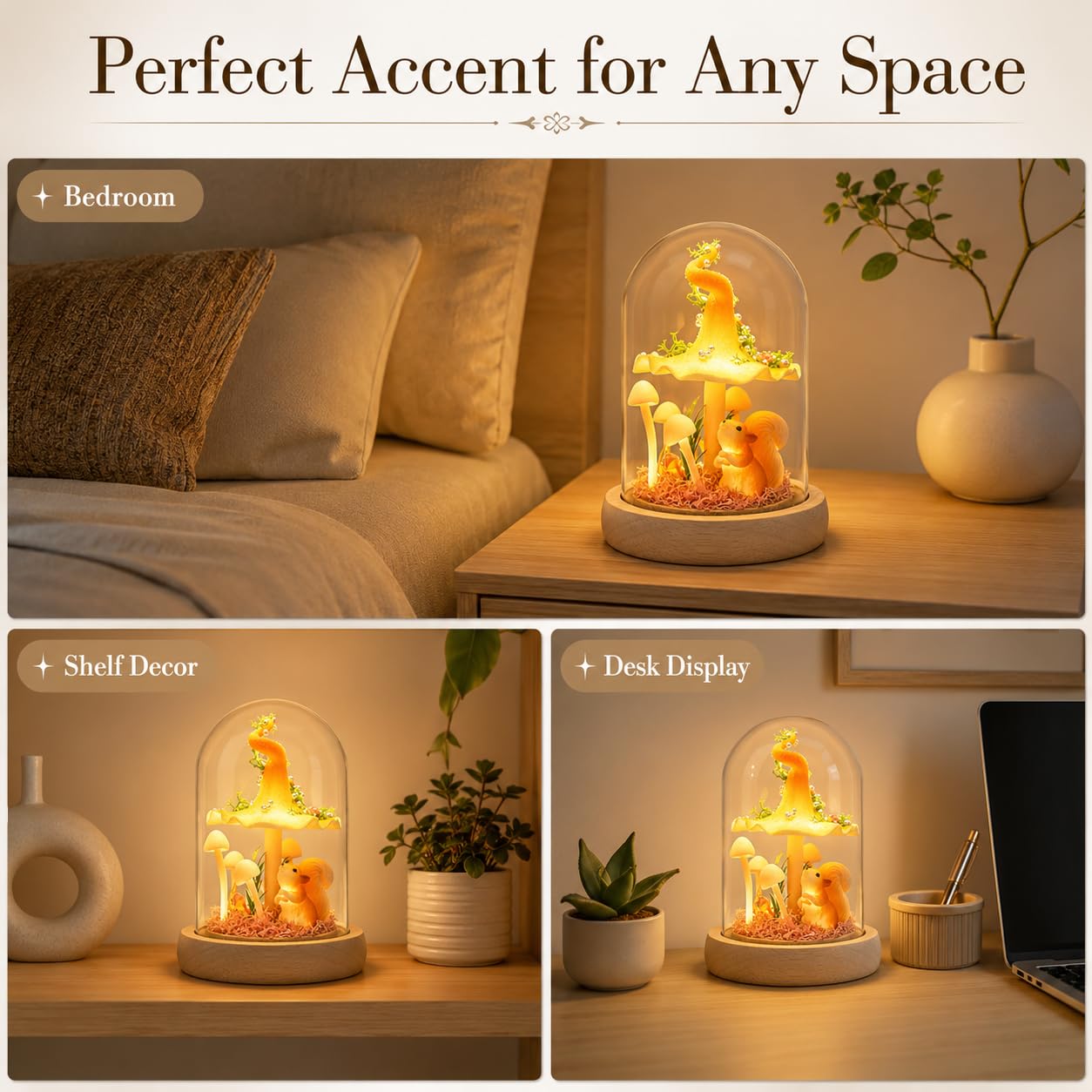 QUELIEN Mushroom Lamp in Glass Dome,Mushroom Gifts for Women - Warm LED Night Light for Bedroom Decor,Birthday Party Decorations,Ideal Birthday Gift Valentines Gift