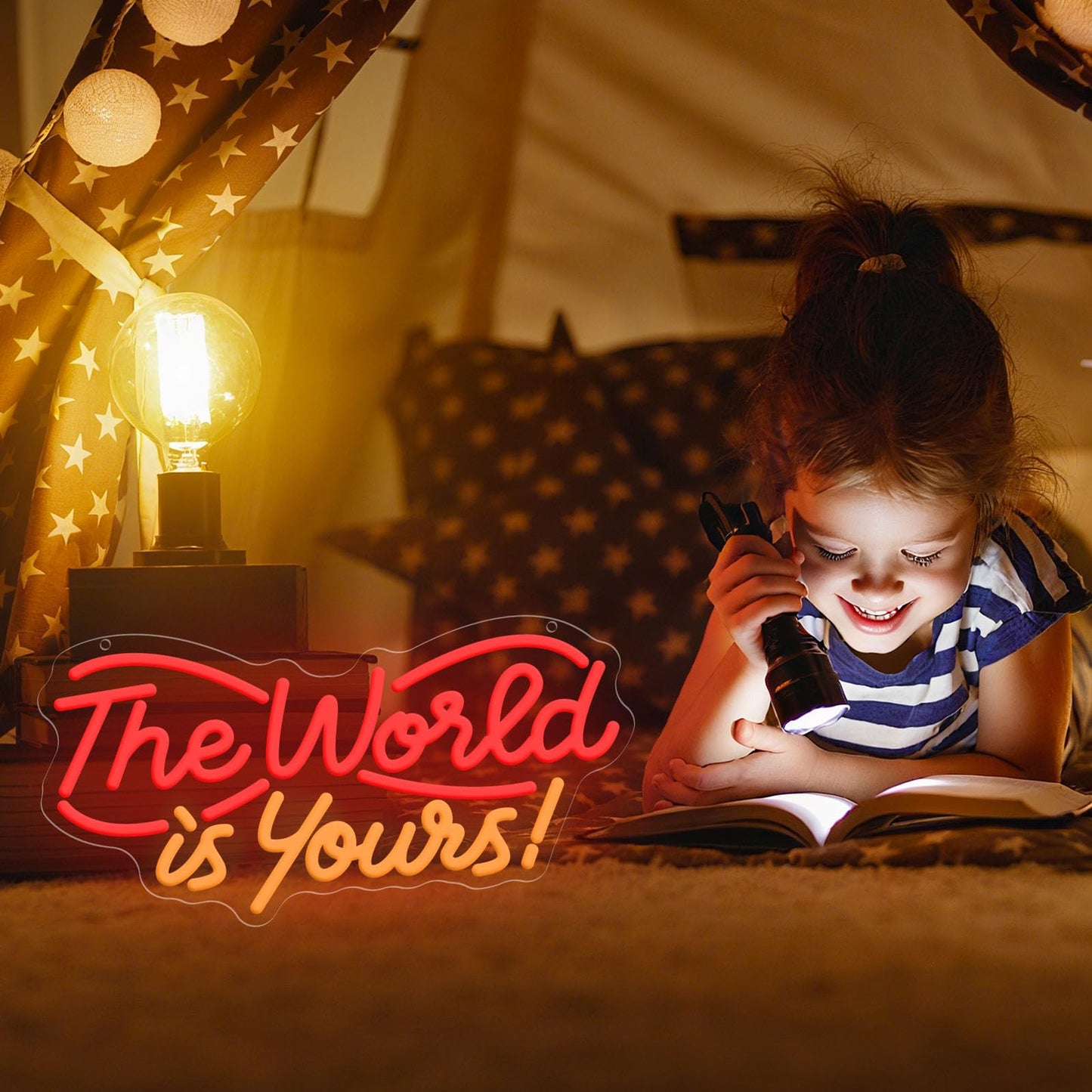The World is Yours Neon Sign, Dimmable LED Neon Signs for Wall Decor, USB Powered Neon Light Sign Wall Art for Bedroom Christmas Party Classroom, Postive Aesthetic Decoration 14.17 x 7.09"
