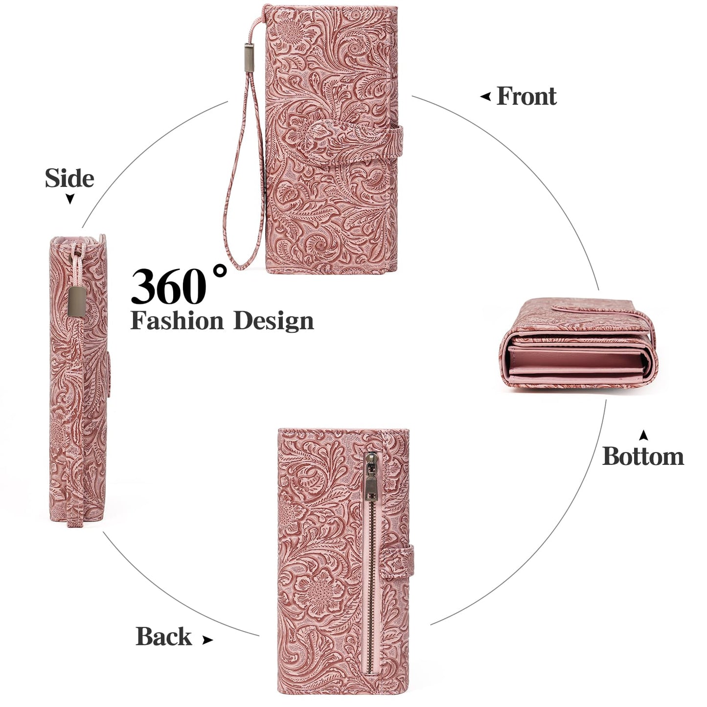BVEOGMRO Wristlet Wallet for Women Leather Clutch Purse Trifold Card Holder RFID Blocking Large Capacity Pink