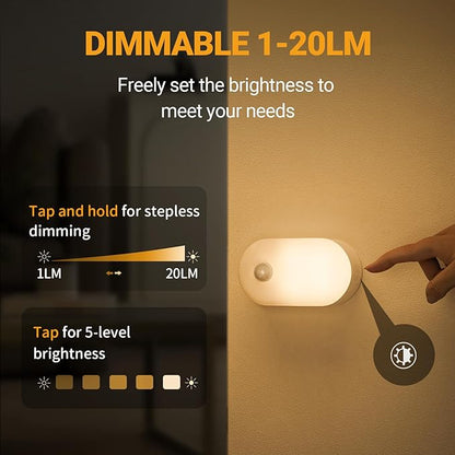 Lyridz Rechargeable Battery Night Light with Motion Sensor, Portable Mini Warm White LED Stick-on Closet Light, Adjustable Brightness for Bathroom, Bedroom, Kitchen, Cabinet, Stairs, Hallway, 2-Pack