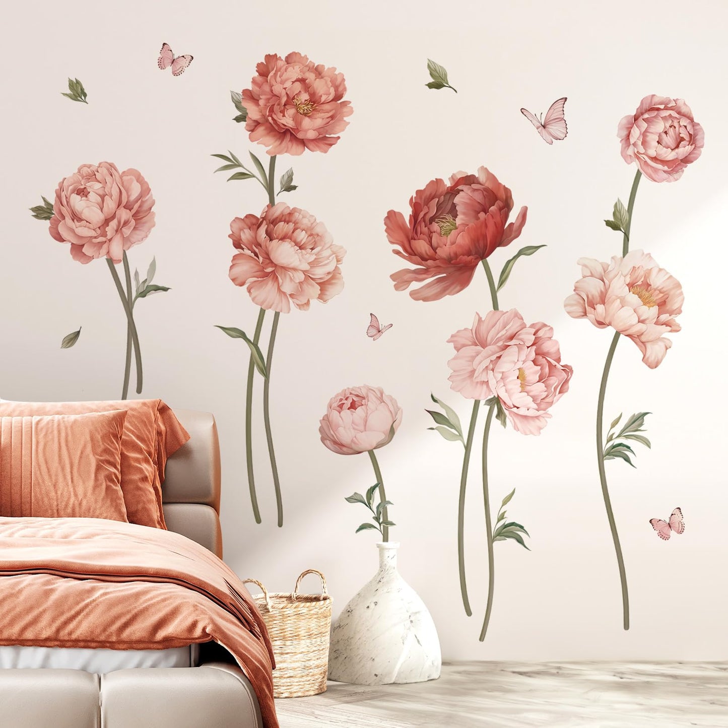 wondever Pink Peony Rose Flower Wall Stickers Boho Floral Peel and Stick Wall Art Decals for Girls Bedroom Living Room TV Wall