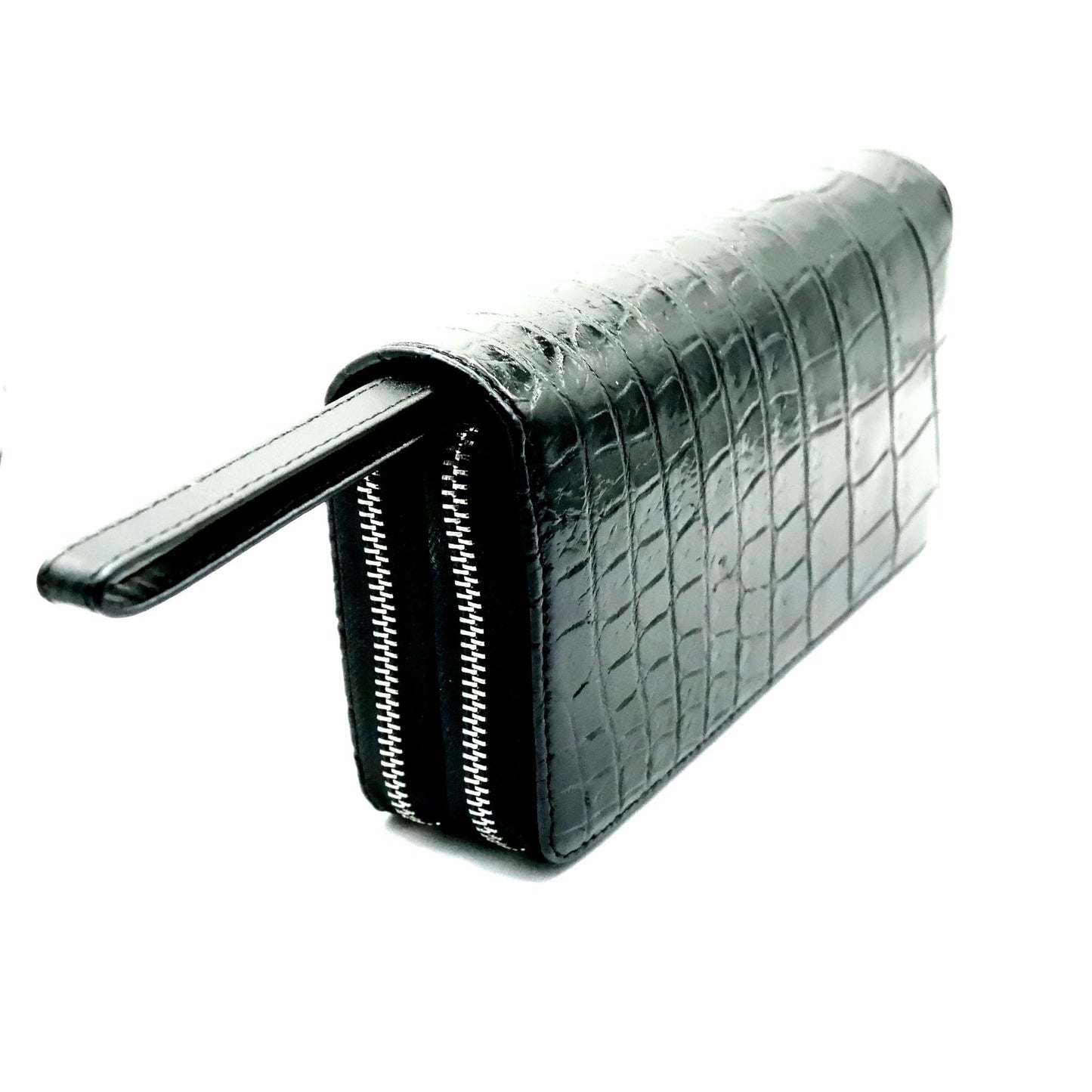 EXSOOTTI New Black Alligator Crocodile Leather Belly Soft Skin Women Double Zipper Clutch Wallet.