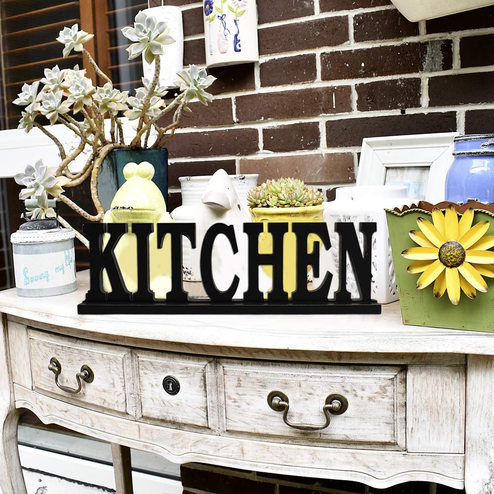 Linfevisi Black Wood Kitchen Sign Standing Block Letters Sign Rustic Freestanding Wood Word Decor Decorative Kitchen Table Sign Cutout Word Art Kitchen Shelf Decor (Black Kitchen Sign)