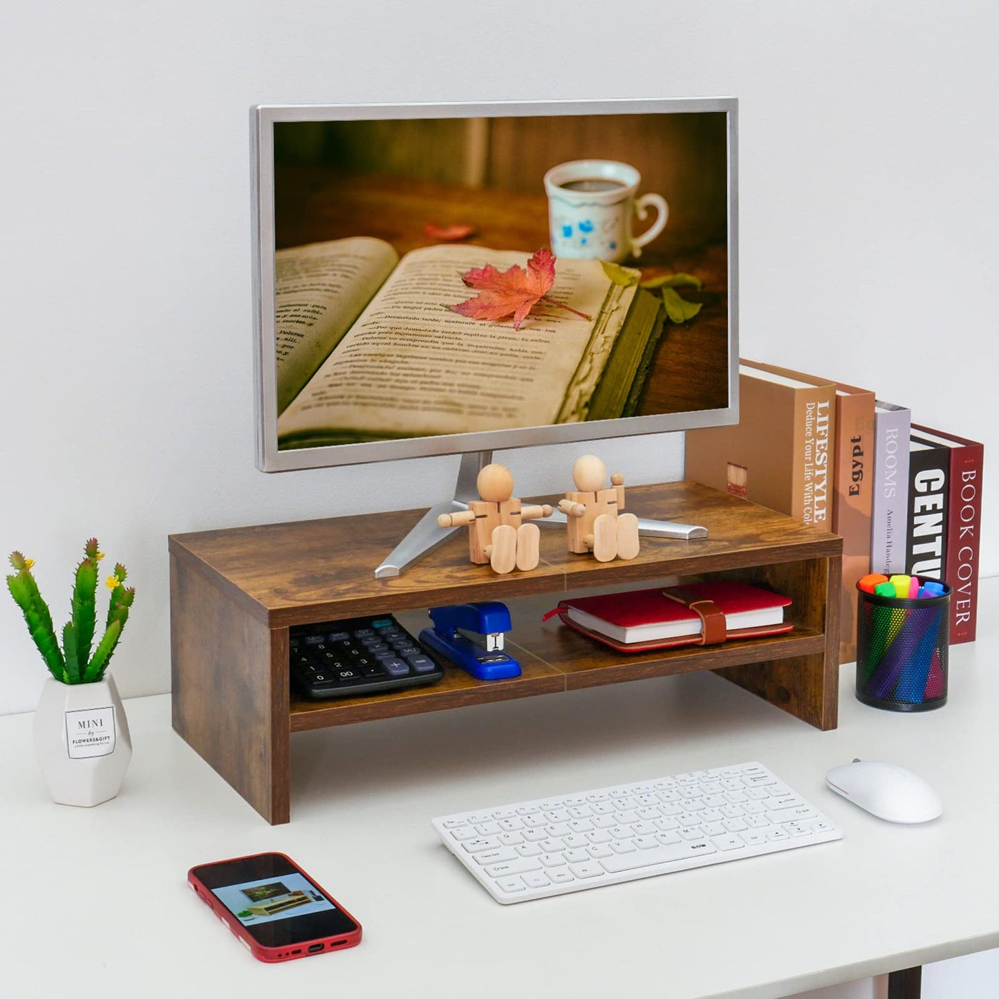 TEAMIX 2 Tier Wooden Monitor Riser Stand, Desktop Stand with storage for Laptop/PC/Printer/Keyboard, TV Stand Shelf Home Office Desk Accessories