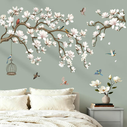 wondever Magnolia Flowers Tree Branch Wall Stickers White Floral Birds Peel and Stick Wall Art Decals for Living Room Bedroom Sofa