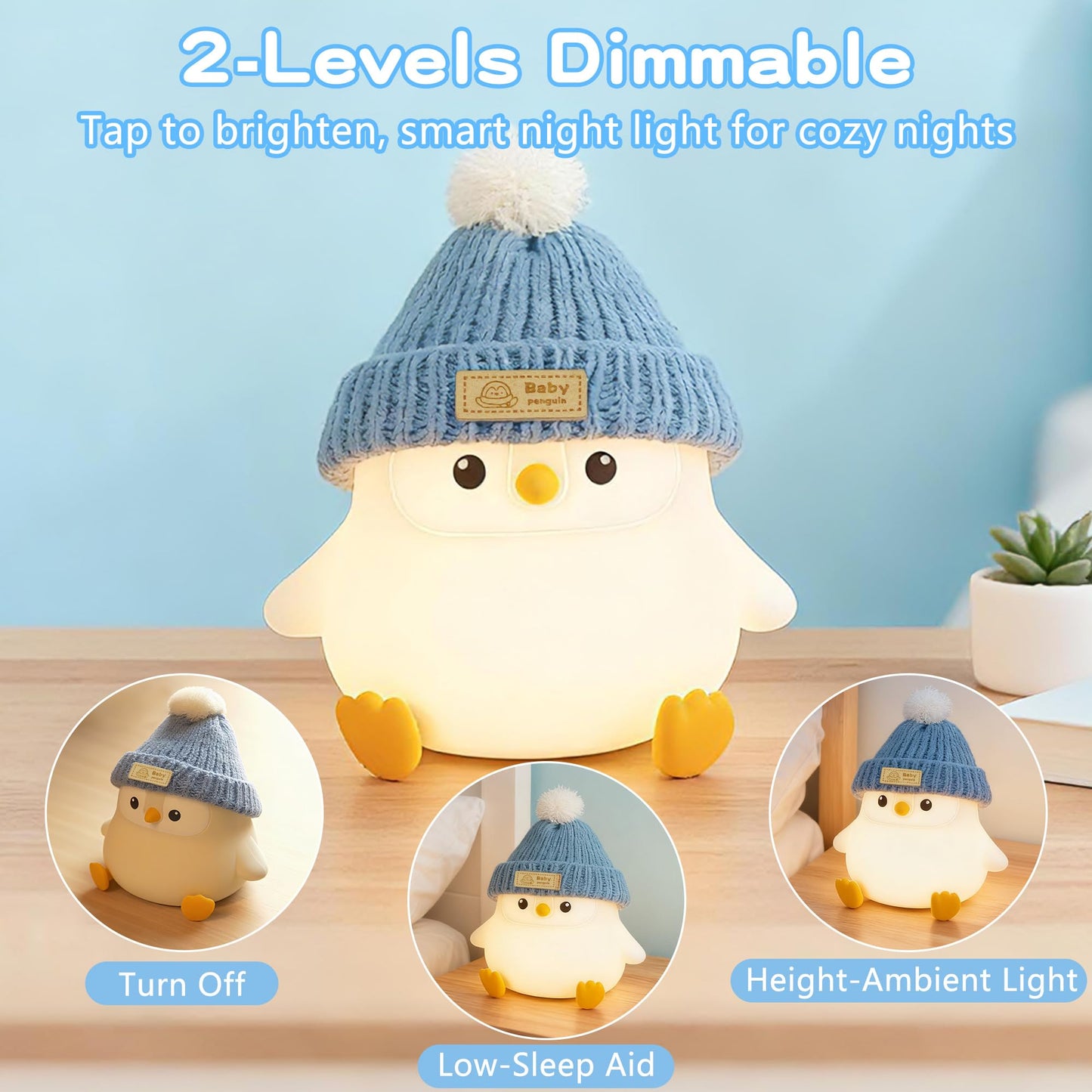 FAMIDUO Penguin Night Light with Knit Hat, Cute Silicone Nursery Lamp - Dimmable Squishy Animal Light - Heartwarming Gift for New Mom, Kids Birthday & Baby Shower - Kids Room Decor