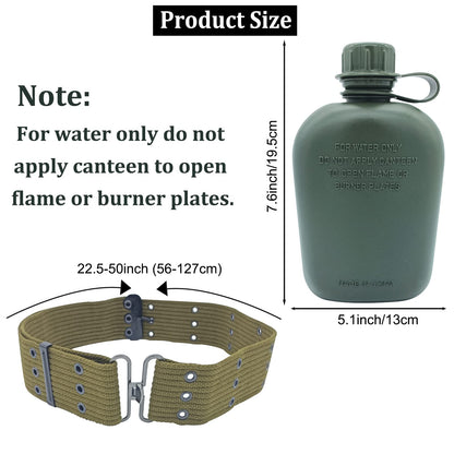 Plastic Military Canteen, 1 Quart Portable Army Water Bottle with Cup Sleeves and Waist Belt for Hiking Camping Climbing and Most Outdoor Activities