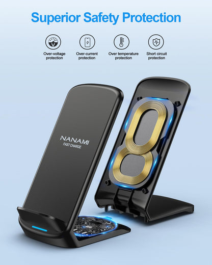NANAMI Upgraded Fast Wireless Charger, Qi-Certified Wireless Charging Stand Compatible with Samsung Galaxy S25/S24/S23/S22/S21/S20 & Qi Phone Charger for iPhone 17/17 Air/16/16 Plus/16 Pro/15/14/13