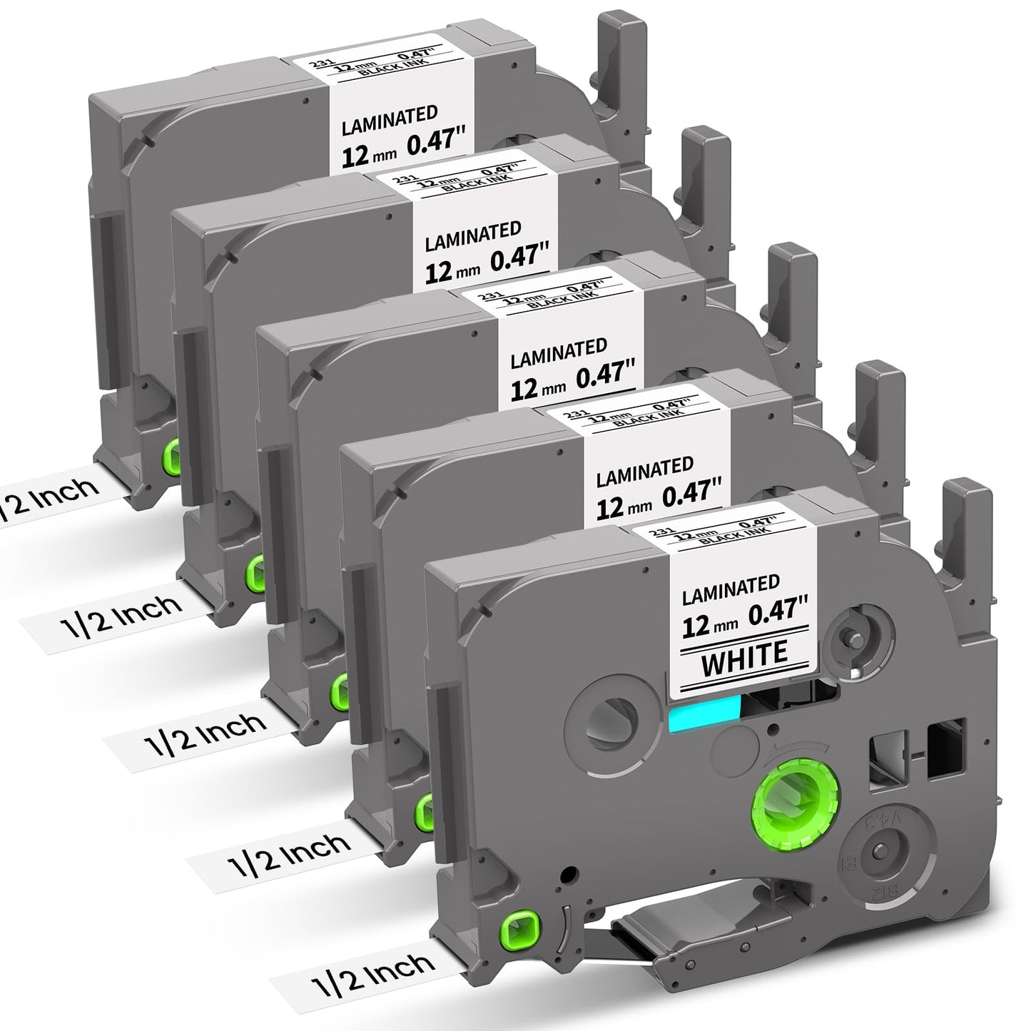Replace for Brother Label Maker Tape TZe TZ 12mm 0.47 Laminated White Tape TZe-231 Compatible with P-Touch 1/2" Black on White TZE231 for PT-D220 D210 H110 D200 D400 1280 D610BT Ptouch Refills, 5-Pack