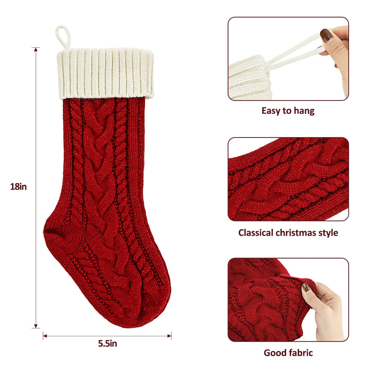 PETOX 2 Pack 18" Personalized Christmas Stockings, 18inch Large Cable Knitted Xmas Hanging Stocking Decorations for Holiday Christmas Party Family Decor (Lvory/Burgundy)