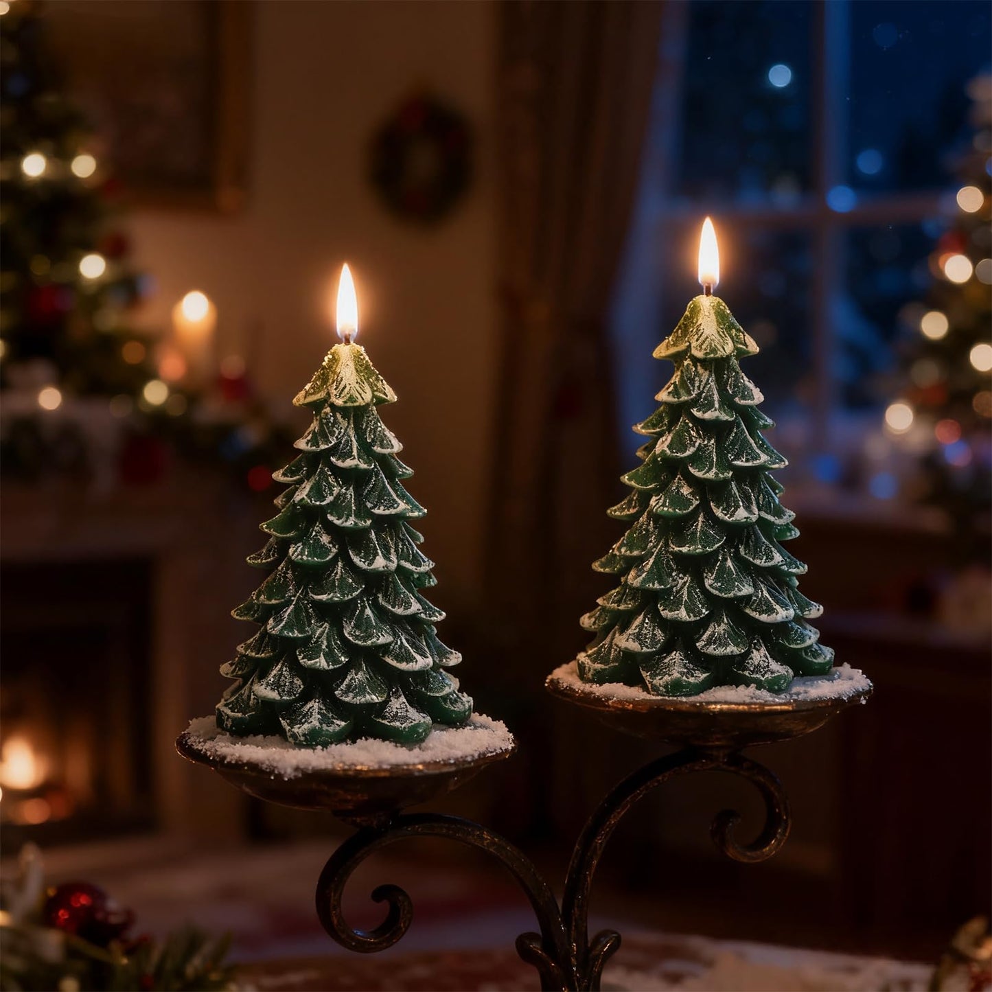 Wondise Christmas Tree Flameless Candles with 6H Timer, 2 Pcs Real Wax Battery Operated LED Candles Flickering, 3D Wick Green Electric Candles for Christmas Holiday Decorations