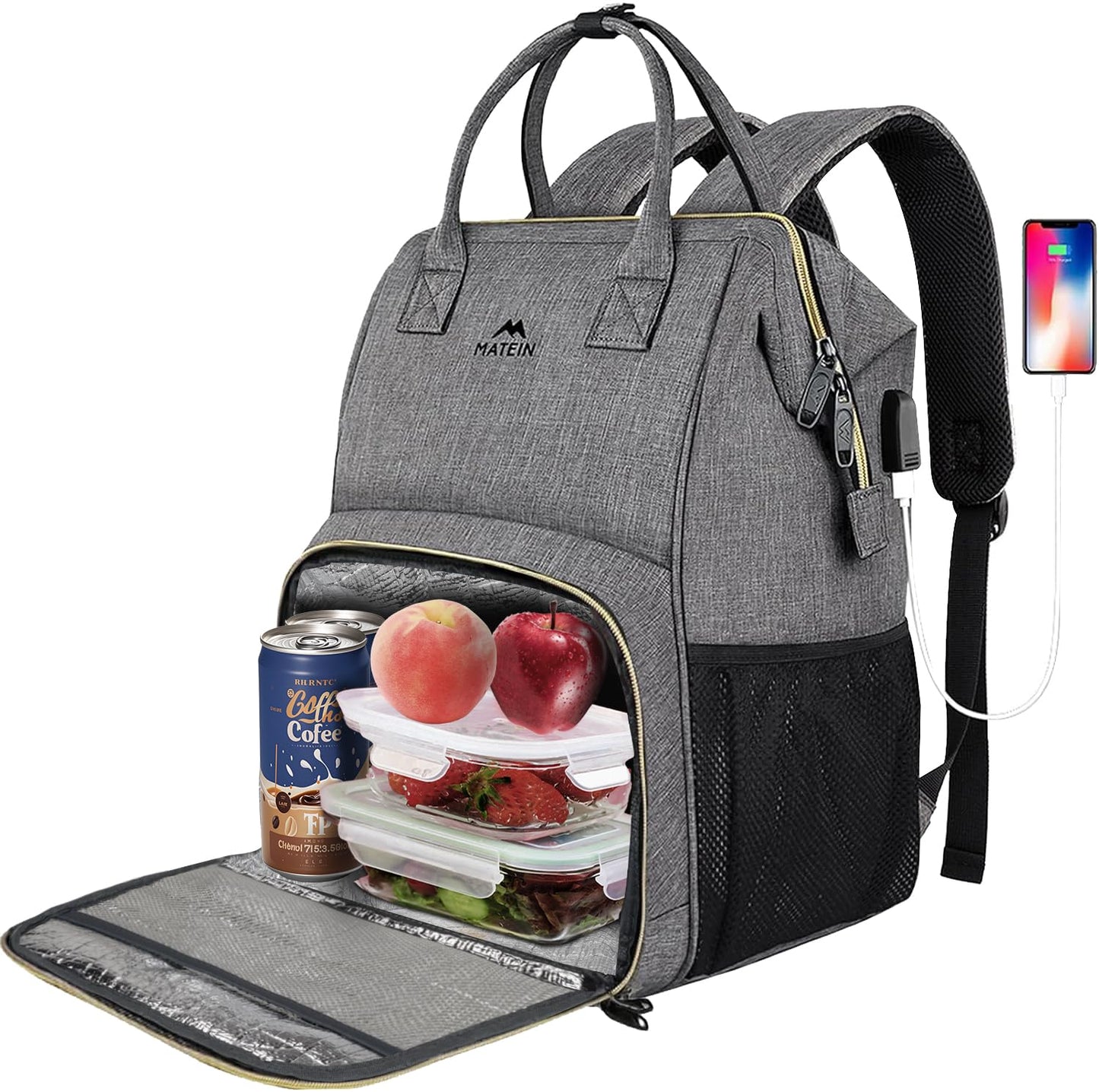 MATEIN Lunch Backpack, 15.6 Inch Insulated Cooler Bag with USB Port for Women Men, Water-Resistant Leak Proof Laptop Backpack Lunch Box Bag for Nurse Teacher Work Office Commute Travel Picnic, Grey