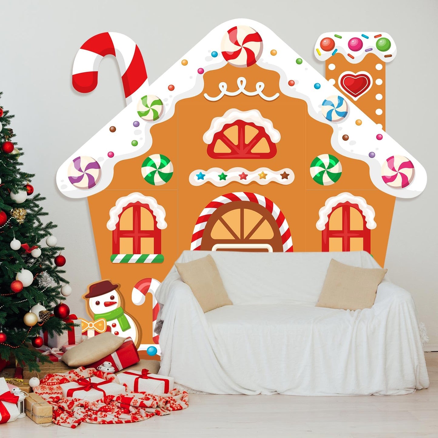 WovWeave 4 Pcs Christmas Gingerbread House Door Decorations Candy Cane Wreath Snowman Christmas Tree Gingerbread House Porch Banners for Holiday Classroom School Office Wall Display(Brown)