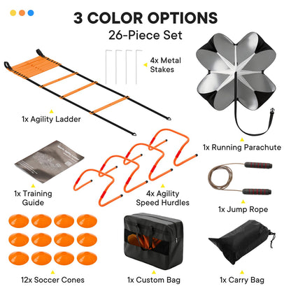 OLIXIS Agility Ladder, Soccer Training Equipment Set, 20 ft Speed Ladder, 12 Soccer Cones, 4 Agility Hurdles, Jump Rope, Resistance Parachute Agility Training Equipment for Kids, Youth, Adults, Orange