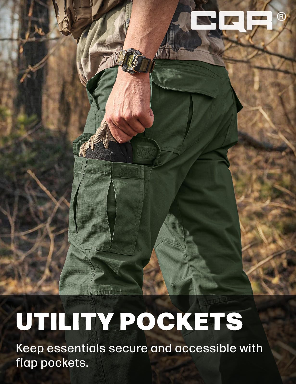 CQR Men's Tactical Pants, Water Resistant Ripstop Cargo Pants, Lightweight EDC Work Hiking Pants, Outdoor Apparel, Raider Green Kelp, 34W x 32L