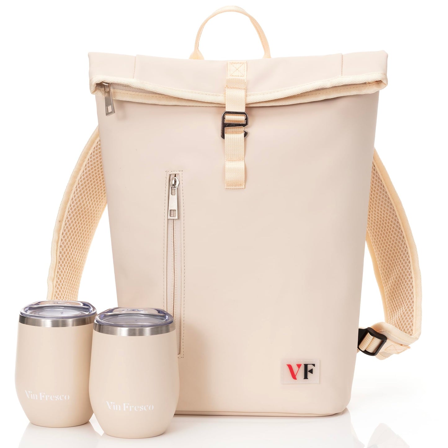 VIN FRESCO Two Bottle Rolltop Wine Tote Bag – Stylish PU Leather Backpack with Matching Tumblers – Wine Carrier with Padded Straps and Compartments for Travels & Picnics (Beige)