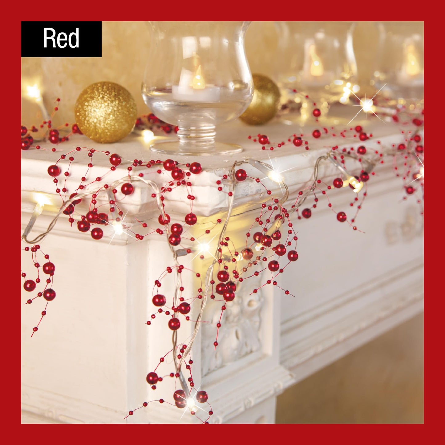 Collections Etc Indoor Christmas Decorations, Festive Lighted Berry Beaded Garland Red- 120" L
