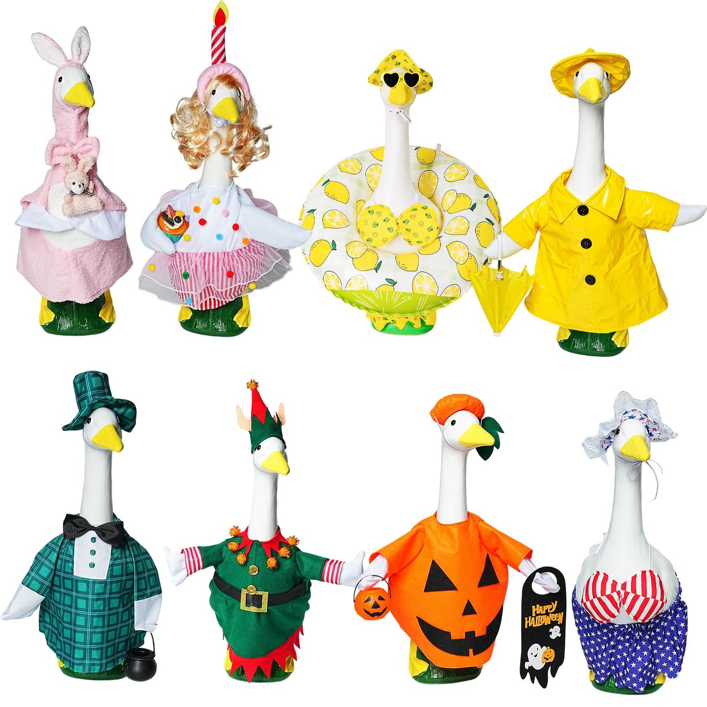 8 Set Holiday Porch Goose Outfits All Seasons Holiday Bundle St. Patrick Easter Summer Hawaiian 4th of July Halloween Christmas Birthday Raincoat Concrete Porch Goose Clothes for Patio Yard Lawn Decor