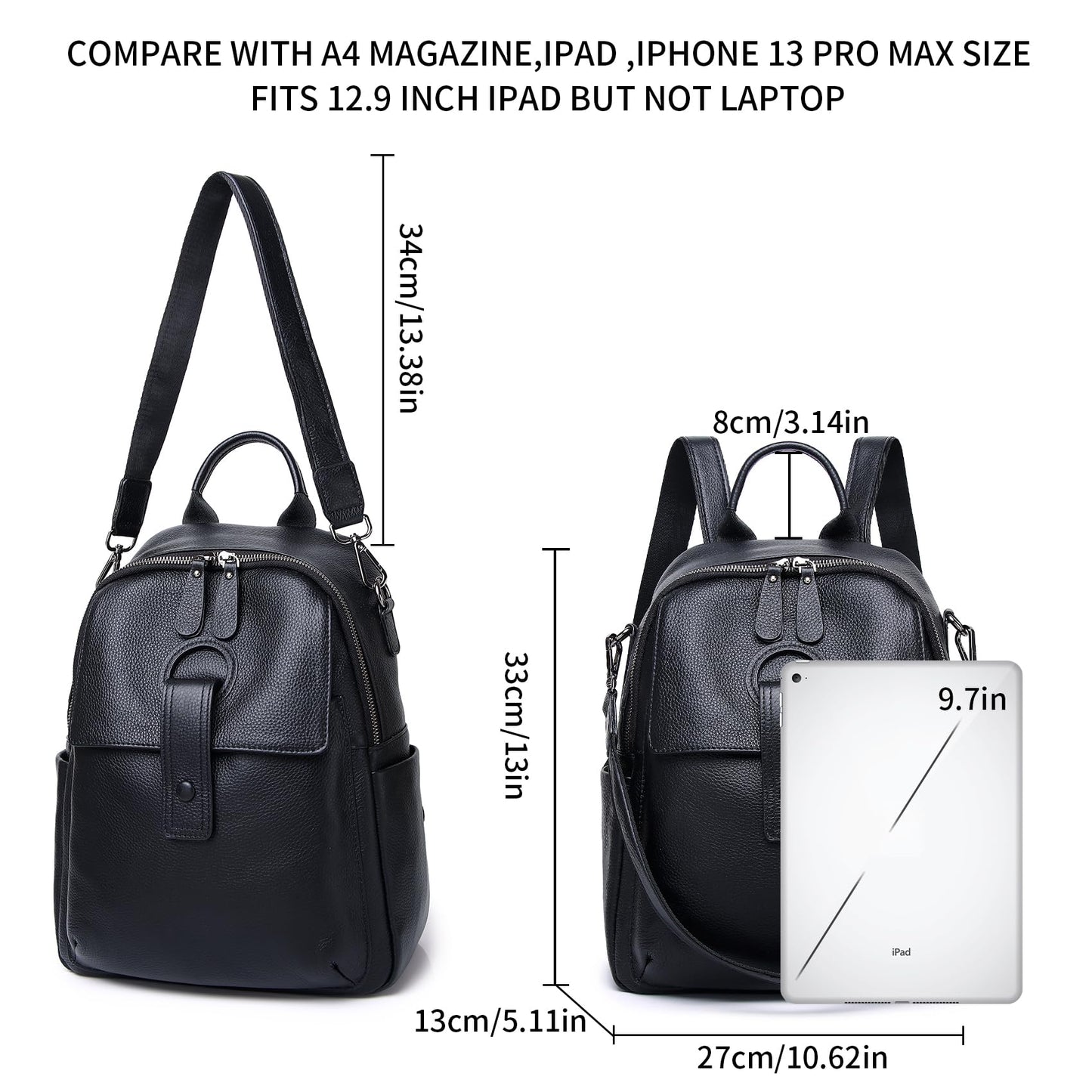 Wesccimo Genuine Leather Backpack Purse For Women Black Real Soft Leather Travel Convertible Ladies Shoulder Bag