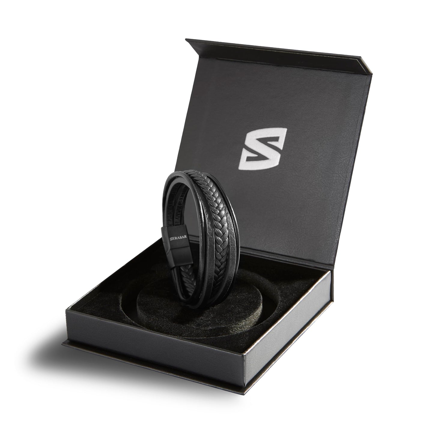SERASAR Mens Bracelet - Black Bracelet Leather Cowhide Gift-Box Braided Stainless Steel Jewelry Wrist-Band Cuff Wrap Rope Bangle Dad Man Pulseras para Hombres Cuero Regalo