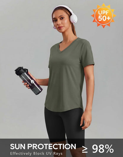 PINSPARK Breathable T-Shirts for Women Short Sleeve V Neck Moisture Wicking Workout Tops Quick Dry Lightweight Athletic Gym Shirts,Olive Green Medium