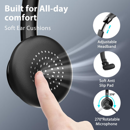 Vipdream Wireless Headset with Microphone for Work, Bluetooth 5.3 Computer Headset for Laptop, 45 Hours Battery Life & Mute Button, Headset with Mic for PC, iPhone, Zoom, Skype, Office & Home