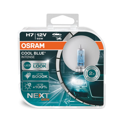OSRAM COOL BLUE INTENSE H7, +100% more brightness, up to 5,000K, halogen headlight lamp, LED look, duo box (2 lamps), 64210CBN-HCB