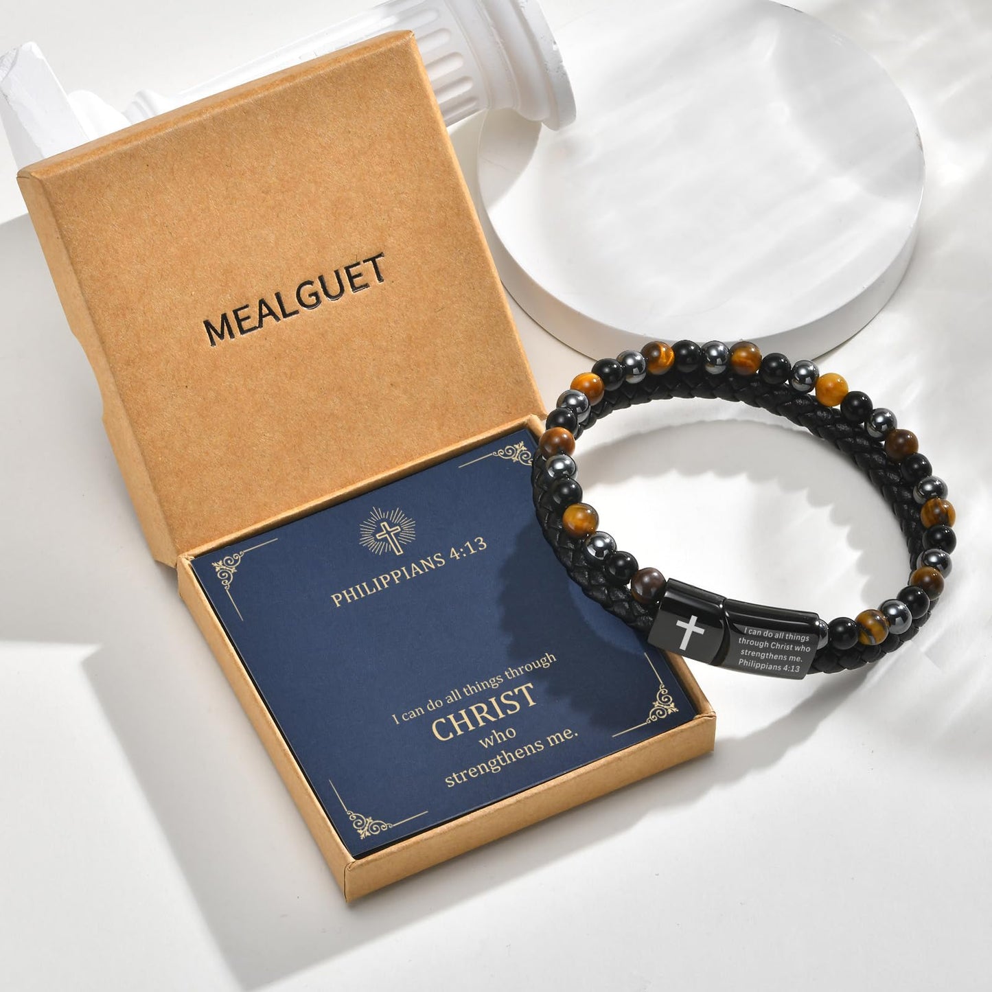 MEALGUET Triple Protection Leather Cross Bracelet : Men's Bible Verse Engraved Tiger's Eye Hematite Onyx Healing Stone Braided Black Cross Bracelets, I Can do All Things Through Christ