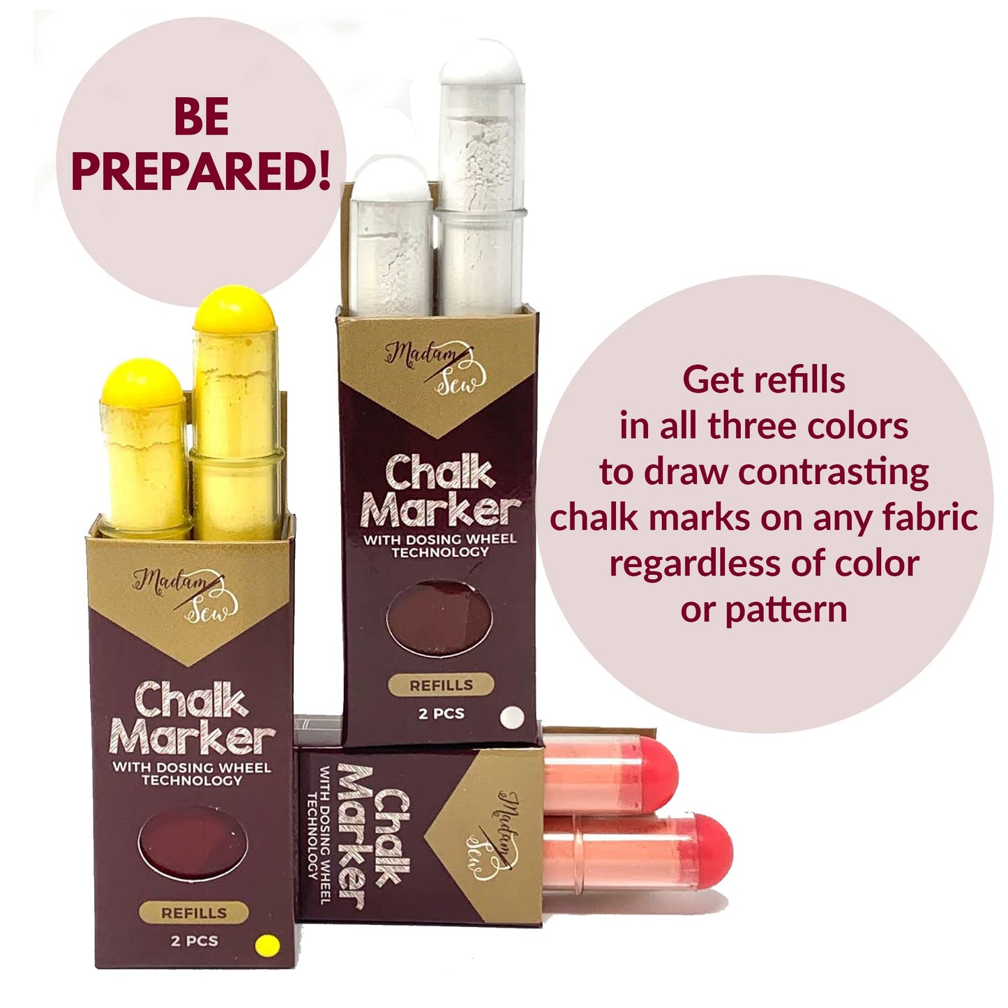 Madam Sew Refillable Tailors Chalk for Fabric - Washable Fabric Markers for Sewing and Quilting with Dosing Wheel, Tailor Chalk Pen for Precise Marking on Cotton, Knit, Suede (White)