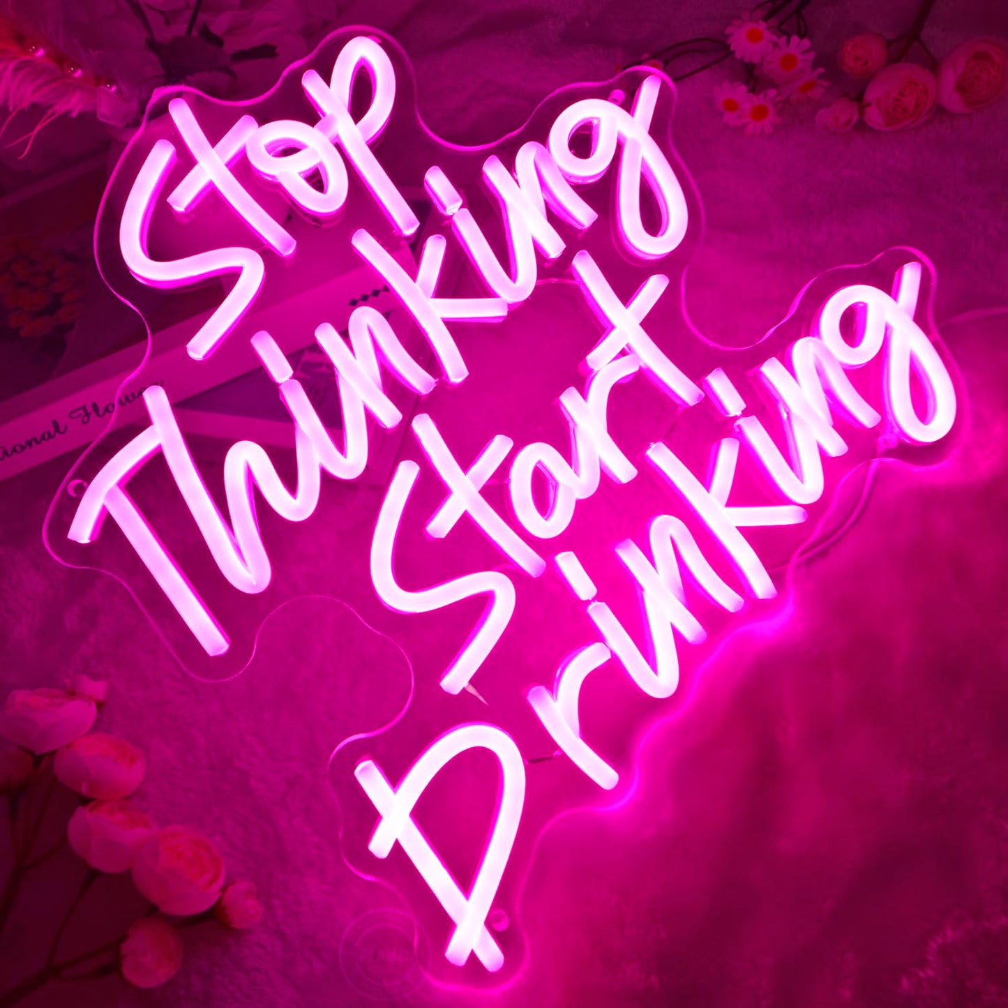 Planzo Stop Thinking Start Drinking Neon Sign Wall Decor Beer Sign for Home Bar Pub Bistro Man Cave Garage Night Club Coffee Shop LED Light Sign Kitchen Bedroom Birthday Party Gift 5V USB Pink