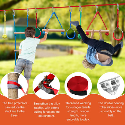 Ninja Warrior Obstacle Course for Kids，60ft Ninja Slackline-with 8 Pcs Accessories,Tree Protector & Carry Bag Ninja Course for Kids Outside-Backyard Zip Line for Kids