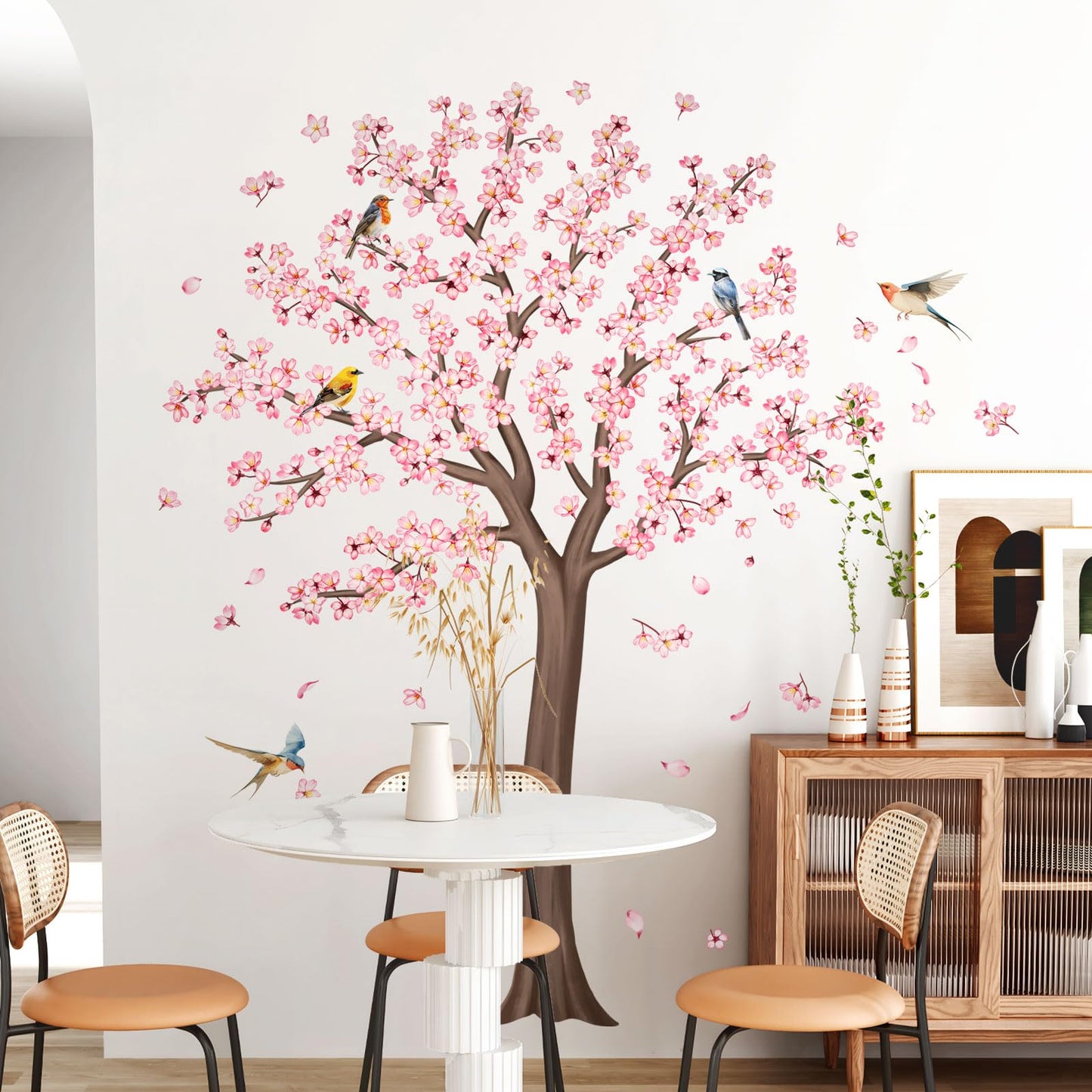 Large Cherry Tree Wall Decals, Pink Flower Blossom Tree Wall Stickers Vinyl Peel and Stick Wall Decal Self Adhesive Wall Art Sticker for Home Aisle Bedroom Office Sofa Backdrop Wall Decor (H 62.6in)