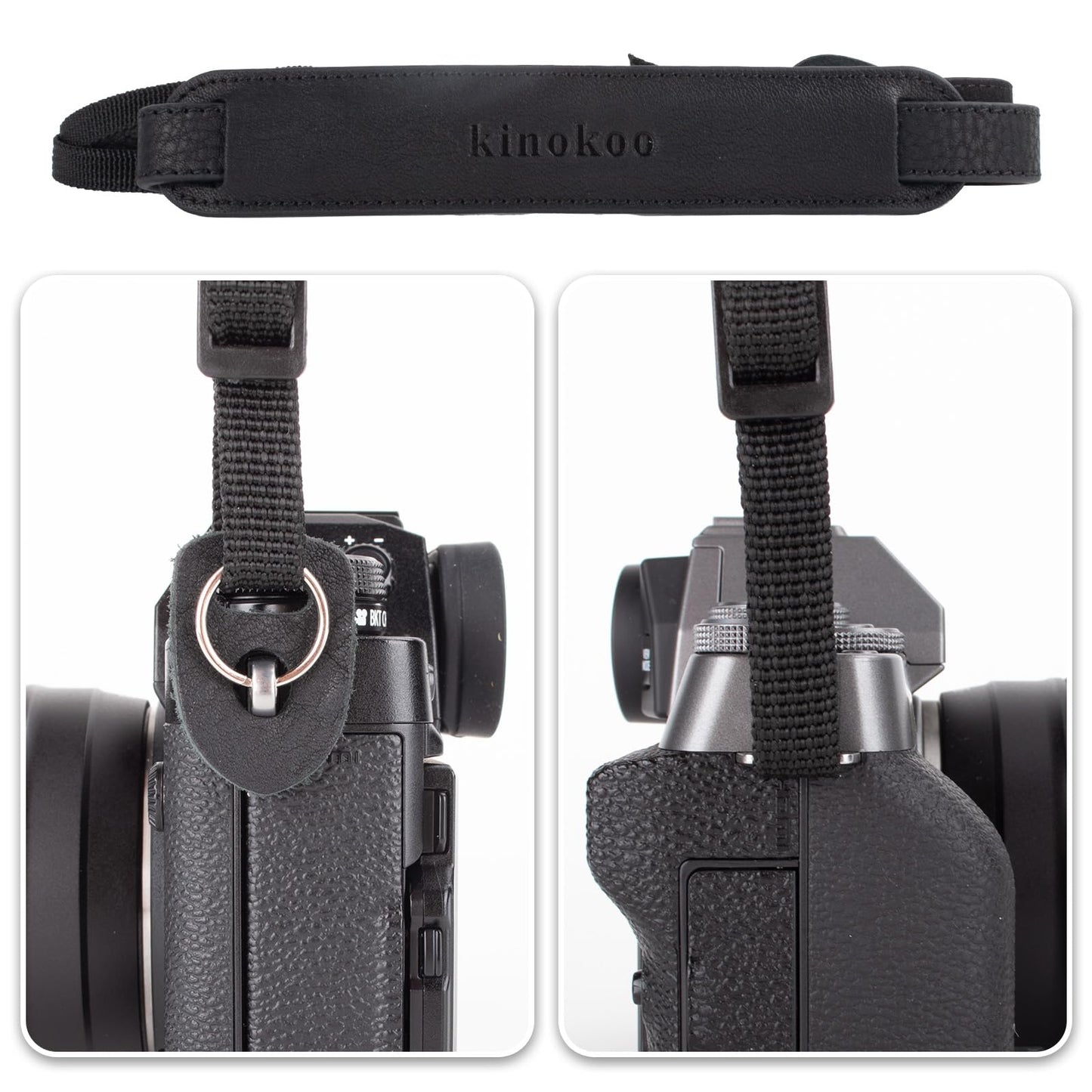 MUZIRI KIINOKOO Camera Strap Genuine Leather with Nylon Belt - Adjustable Shoulder Neck Strap Comes with Triangular Rings for Most of Digital Cameras- Length 90cm to 140cm - Black