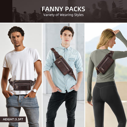 Soft Genuine Leather Fanny Pack for Men Women, Belt Bag Waist Packs Small Sling Crossbody Bag with Adjustable Strap for Travel Sport Walk (Coffee)