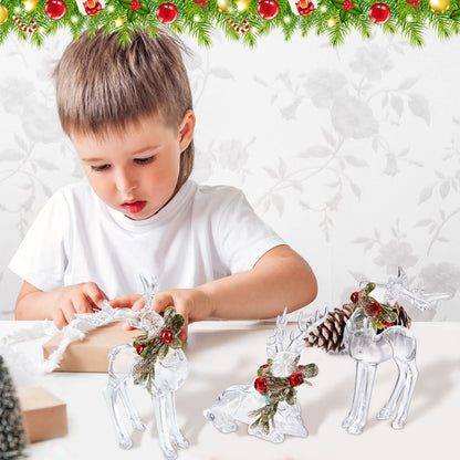 3 Pcs Acrylic Christmas Reindeer Ornaments Crystal Deer Figurine Statues Clear Christmas Small Reindeer Figurine Centerpiece for Xmas Party Decor