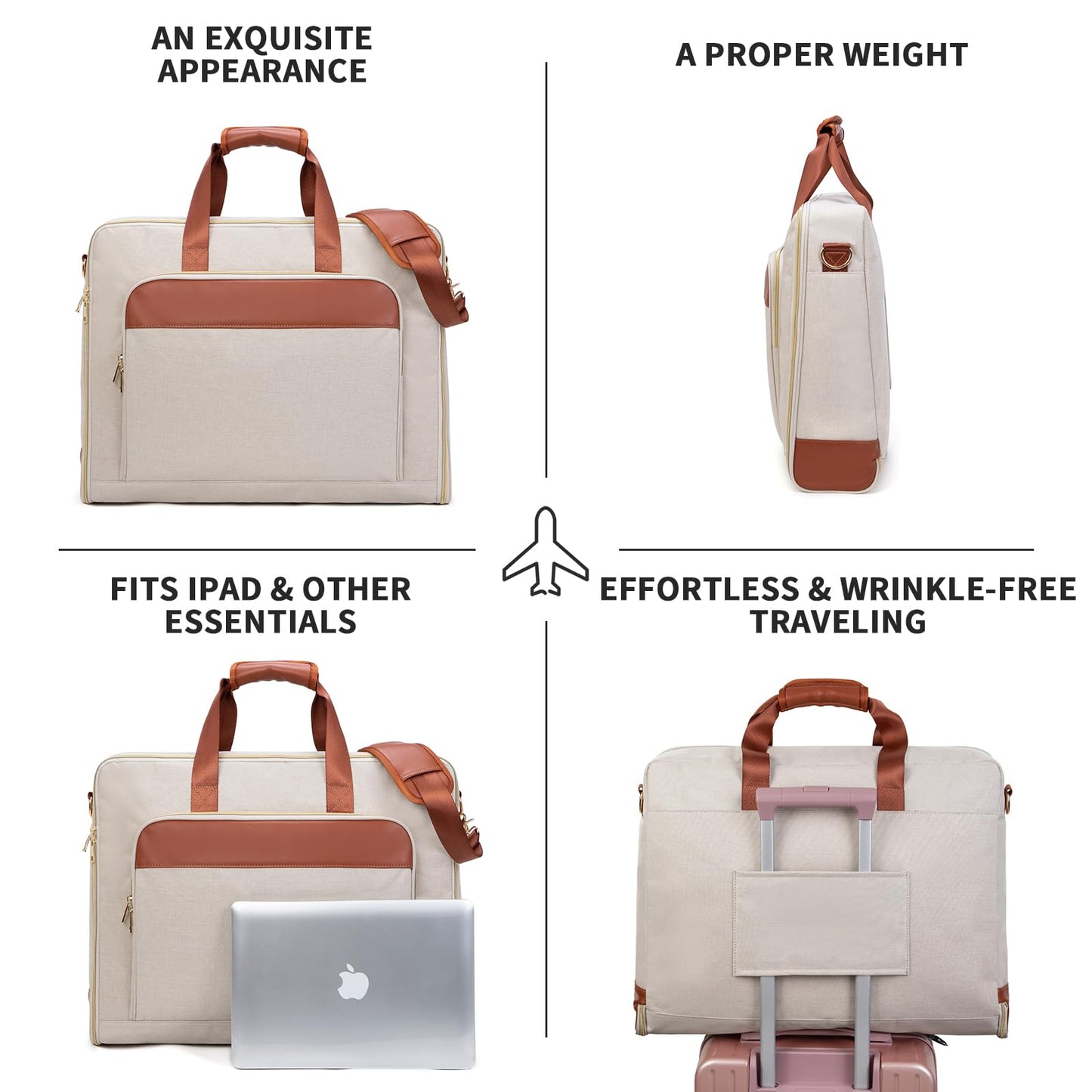Garment Travel Bag for Women Carry on Garment Bag Up to 3 Suits for Business Trips,2 in 1 Hanging Suitcase Luggage Bags for Travel,Foldable Suit Bag 15.6Inch Laptop Beige