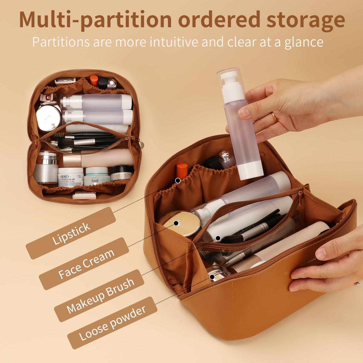 zaleeta 3 Pcs Travel Makeup Bag Portable Large Capacity Cosmetic Bags for Women Open Flat Makeup Case Organizer Bag Set of 3 Waterproof PU Leather Toiletry Bags with Divider and Handle (Brown, Medium)