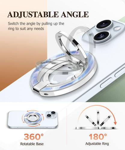 GVIEWIN Magnetic Phone Ring Holder, Compatible with MagSafe Phone Grip with Adjustable Stand, Magnet Phone Ring Kickstand for iPhone 17/16/15/14/13/12 Pro Max Plus Air/Other Phones (Glitter/Silver)