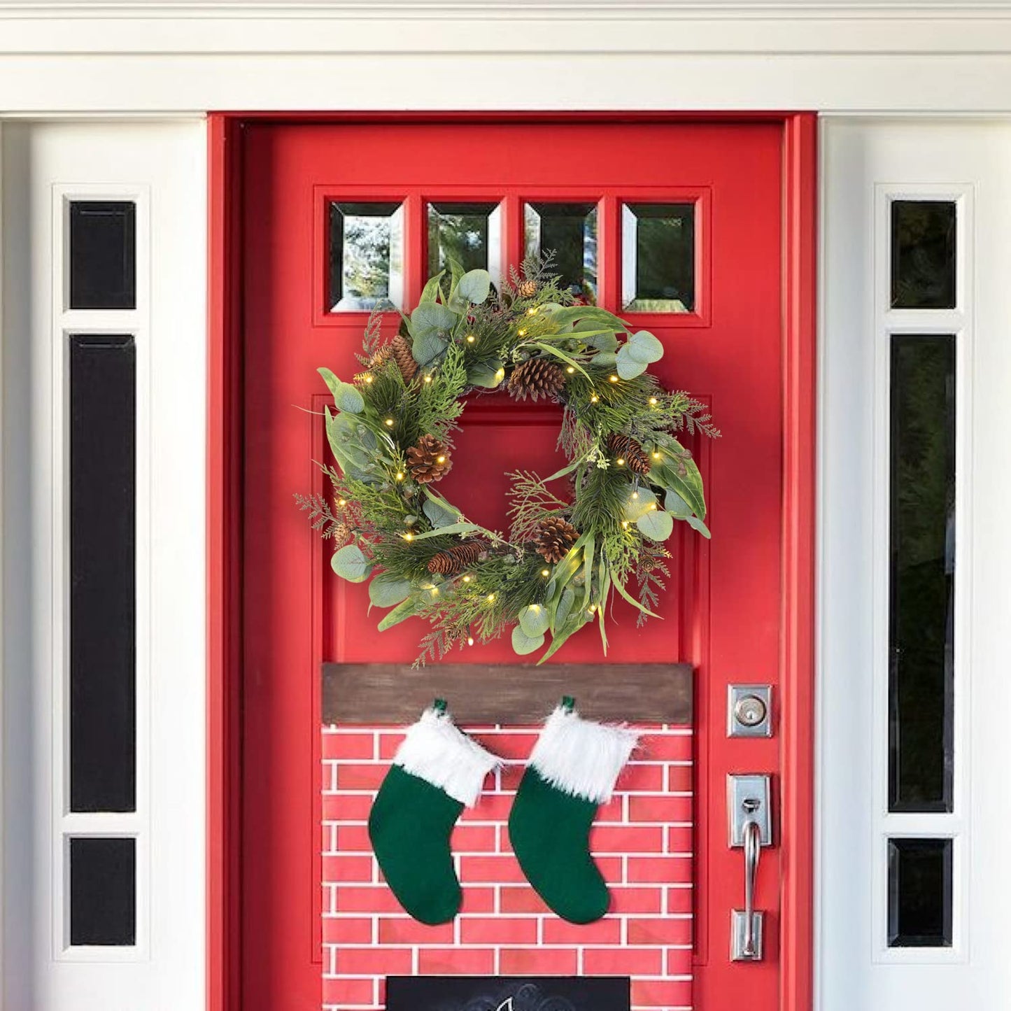 Pre Lit Christmas Wreath for Front Door Lighted Green Wreath Decorated with Pine Cones,Berry Clusters, Abundant Fit Branches 18” Christmas Wreaths for Windows Winter Wreath Hanging Wall Decor