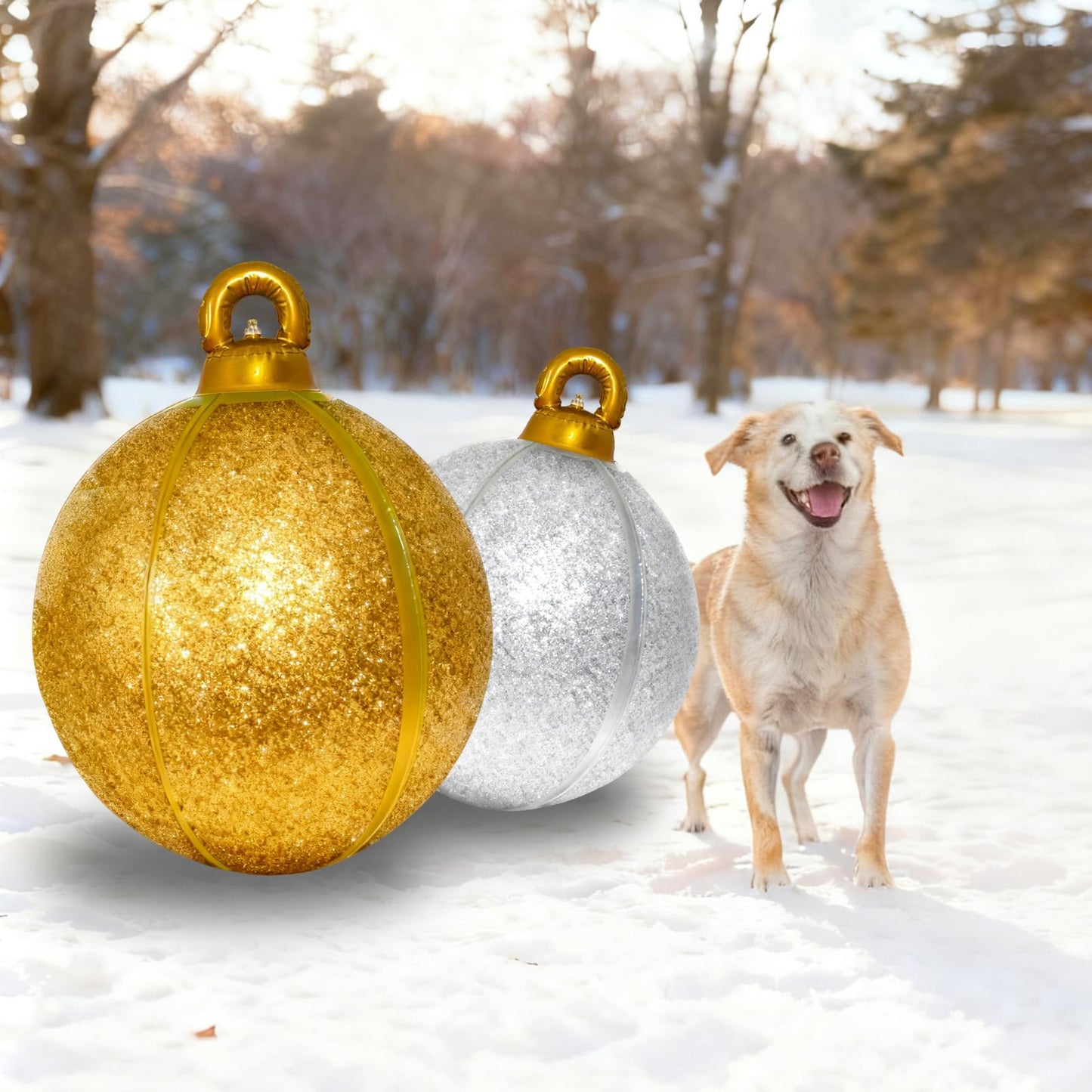2 Pack 24 Inch Inflatable Christmas Balls, Giant Inflatable Ornaments Outdoor, Extra Large Outdoor Christmas Ornaments for Lawn, Porch, and Front Door (Gold and Silver)